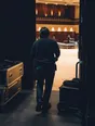 Dark cinematic photograph: One person walking out of the wings onto a lit floor, seen from behind.