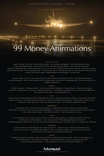Quiet Money poster: a private jet landing on a wet runway at night, above all 99 futures from the daily cut and seven chapters.