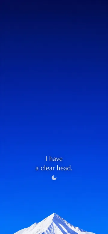 Rest affirmations wallpaper: minimal grainy illustration of one white peak under a vast clear blue morning sky, with the affirmation 'I have a clear head.' in serif type.