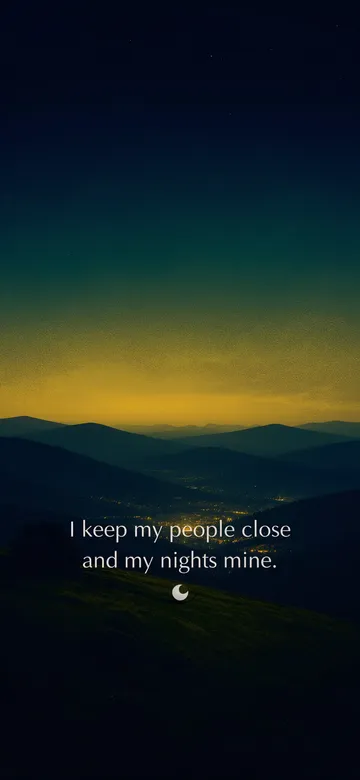 Rest affirmations wallpaper: minimal grainy illustration of village lights far below in a dark valley at nightfall, with the affirmation 'I keep my people close and my nights mine.' in serif type.