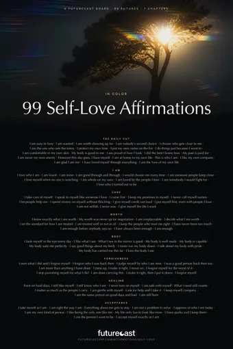 In Color poster: the sun shining through the branches of a lone tree against a dark sky, crossed by streaks of rainbow light, above all 99 futures from the daily cut and seven chapters.