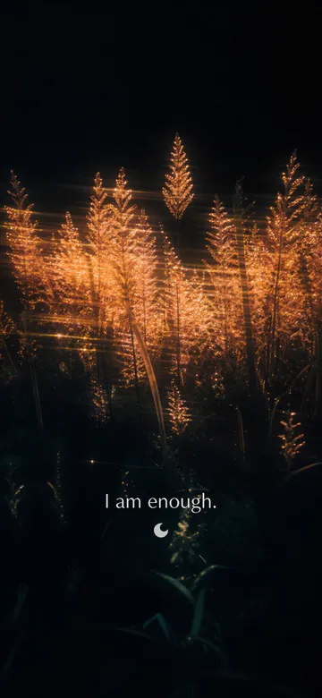 Self-love affirmations wallpaper: prism-light photograph of a field of standing seed heads lit hard by low sun and combed into spectrum, with the affirmation 'I am enough.' in serif type.
