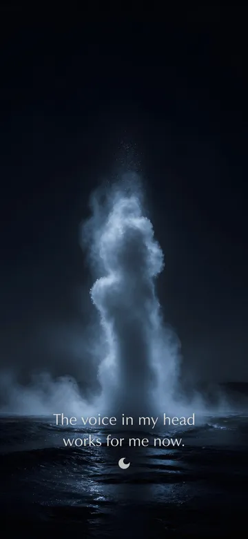 Self-talk affirmations wallpaper: dark elemental photograph of a geyser erupting at blue pre-dawn, its plume crown dissolving into small glowing marks, with the affirmation 'The voice in my head works for me now.' in serif type.