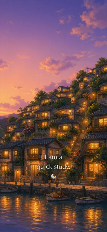 Student affirmations wallpaper: painted anime scene of the hillside town rising tall from the harbor at colorful dusk, with the typeset line "I am a quick study."