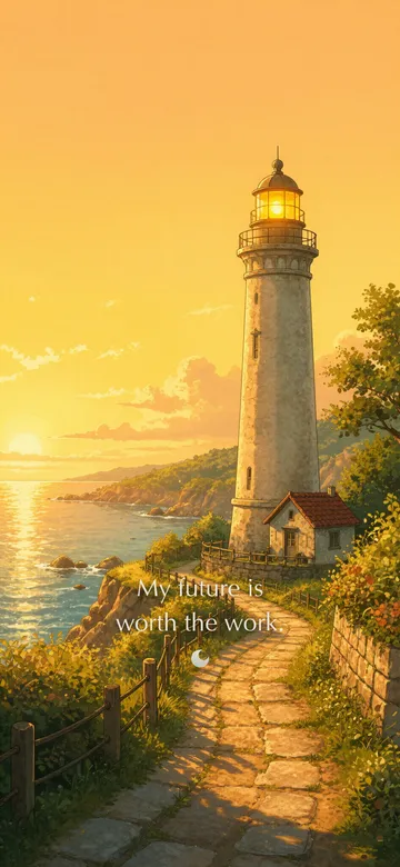 Student affirmations wallpaper: painted anime scene of the lighthouse point at golden hour seen tall, with the typeset line "My future is worth the work."