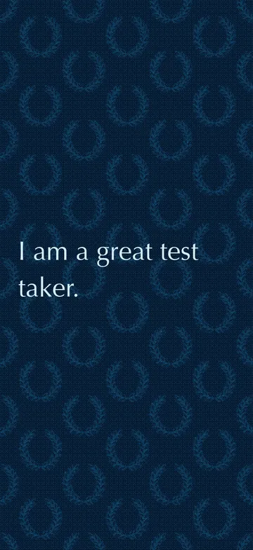 Phone wallpaper: the future "I am a great test taker." in pale blue ink over a dithered pattern of small laurel wreaths in deep azure.