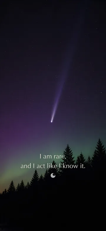 Affirmations for women wallpaper: night photograph of a single comet crossing a starfield above a black pine treeline, a faint green aurora low on the horizon, with the affirmation 'I am rare, and I act like I know it.' in serif type.