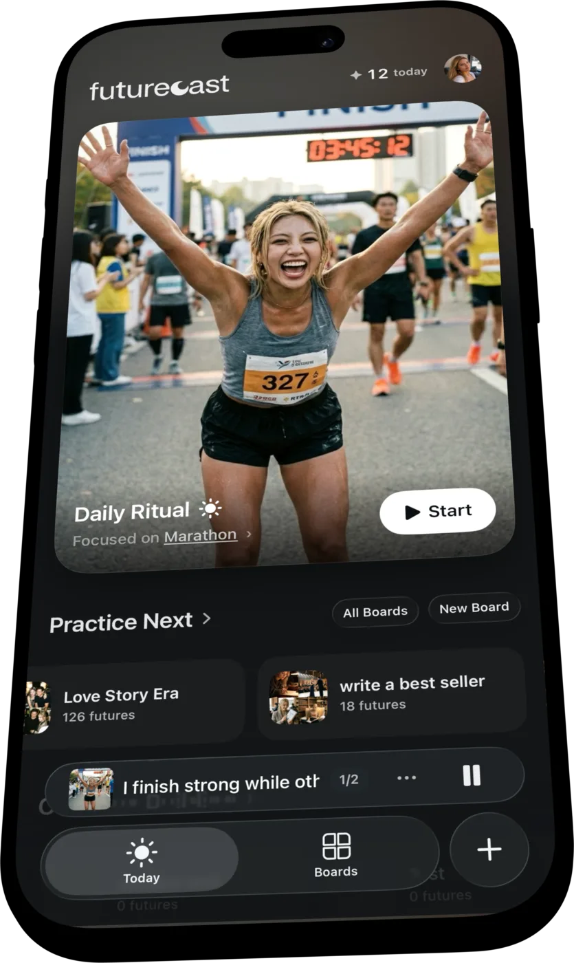 Futurecast manifestation app on iPhone: a marathon-finish vision starring the user, queued in today's Daily Ritual